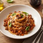 Przepyszny sos bolognese na bazie soffritto z mieszanego mięsa mielonego z dodatkiem pomidorów, czosnku, laski cynamonu i suszonego oregano.