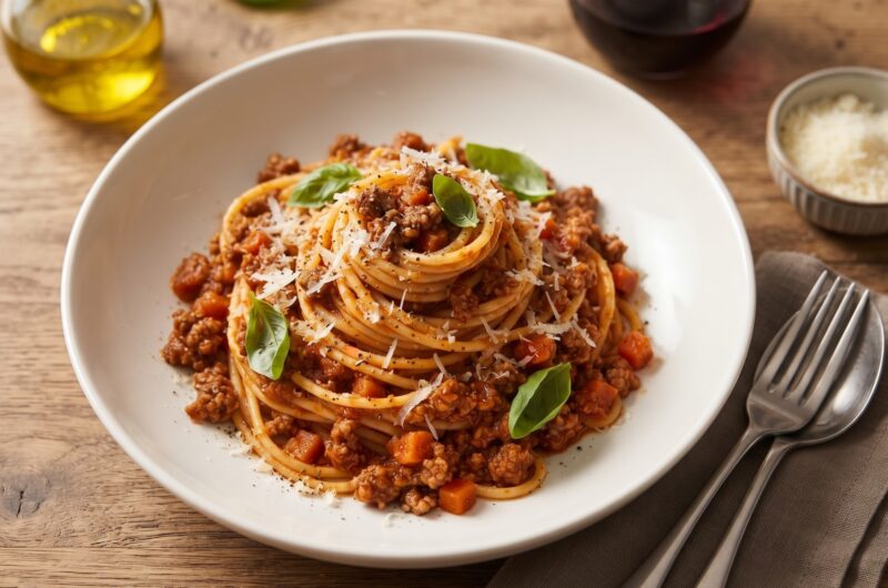 Przepyszny sos bolognese na bazie soffritto z mieszanego mięsa mielonego z dodatkiem pomidorów, czosnku, laski cynamonu i suszonego oregano.