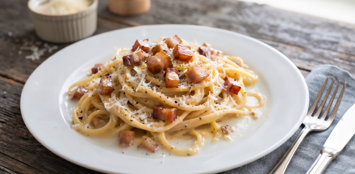 Spaghetti carbonara to klasyczne danie włoskie z makaronem. O jego wyjątkowym smaku decyduje aksamitny sos, który przygotowuje się z wiejskich jajek, świetnie przyprawionego podgardla wieprzowego i startego sera owczego. Całość posypuje się już na talerzu obficie świeżo zmielonym czarnym pieprzem.