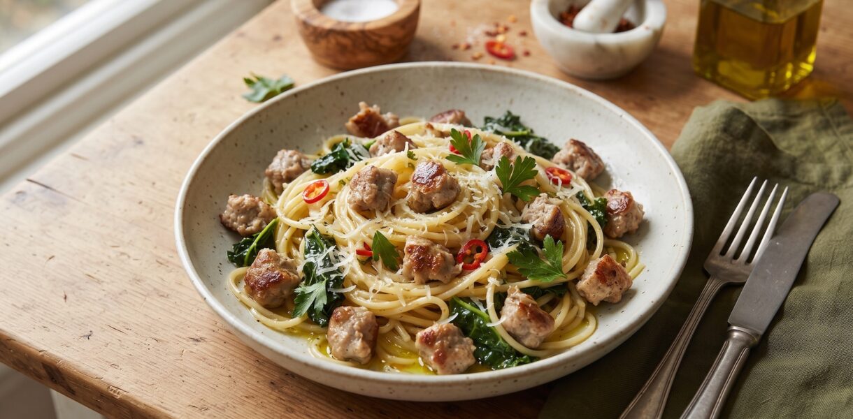 Spaghetti z białą kiełbasą i jarmużem przygotowujemy z surowej białej kiełbasy, którą należy podsmażyć po wyjęciu z jelita. Po dodaniu do niej świeżego jarmużu danie dusimy, a następnie mieszamy z ugotowanym makaronem spaghetti.