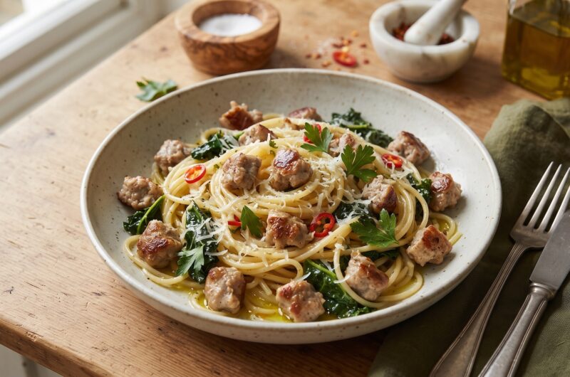 Spaghetti z białą kiełbasą i jarmużem przygotowujemy z surowej białej kiełbasy, którą należy podsmażyć po wyjęciu z jelita. Po dodaniu do niej świeżego jarmużu danie dusimy, a następnie mieszamy z ugotowanym makaronem spaghetti.