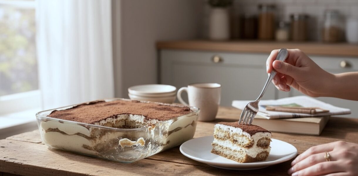 Tiramisu czyli włoski deser z sera mascarpone utartego z żółtkiem jajek z dodatkiem ubitej piany z białek wyłożonej na nasączonych kawą biszkoptach.