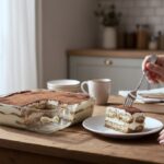 Tiramisu czyli włoski deser z sera mascarpone utartego z żółtkiem jajek z dodatkiem ubitej piany z białek wyłożonej na nasączonych kawą biszkoptach.