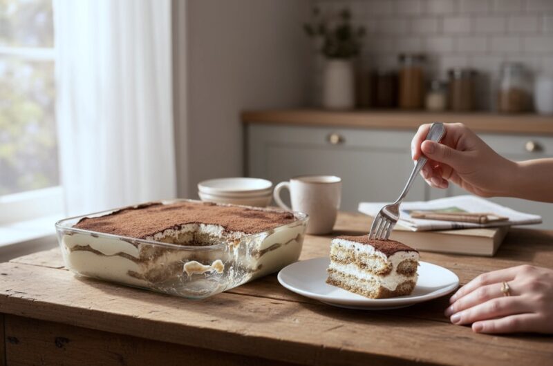 Tiramisu czyli włoski deser z sera mascarpone utartego z żółtkiem jajek z dodatkiem ubitej piany z białek wyłożonej na nasączonych kawą biszkoptach.
