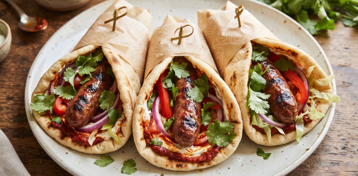 Wrapy z kiełbaską to chlebki arabskie wypełnione warzywami i smażoną jagnięcą kiełbaską merguez oraz z dodatkiem świeżej kolendry i jogurtu.