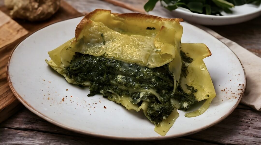 Płaty makaronu lasagne ze szpinakiem przekładanym fetą, a następnie zapiekane na chrupiąco.