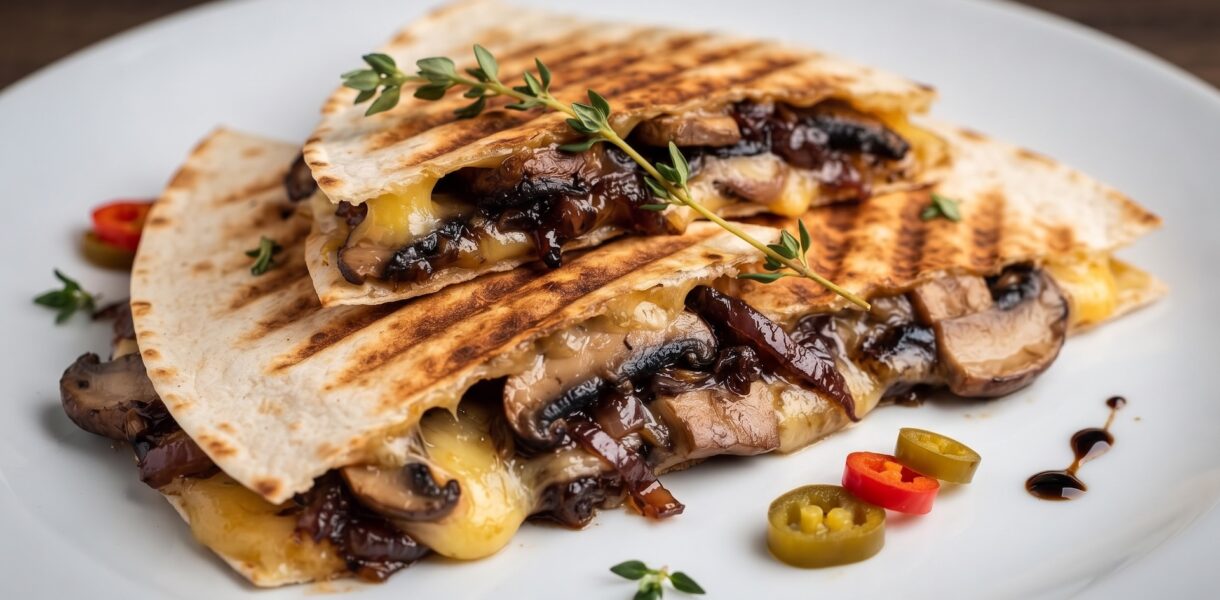 Quesadilla z pieczarkami czyli tortilla obłożona smażonymi pieczarkami, pysznie karmelizowaną cebulą oraz serem, a następnie przykryta drugą tortillą i zapieczona.