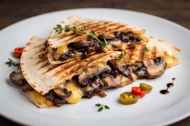 Quesadilla z pieczarkami czyli tortilla obłożona smażonymi pieczarkami, pysznie karmelizowaną cebulą oraz serem, a następnie przykryta drugą tortillą i zapieczona.