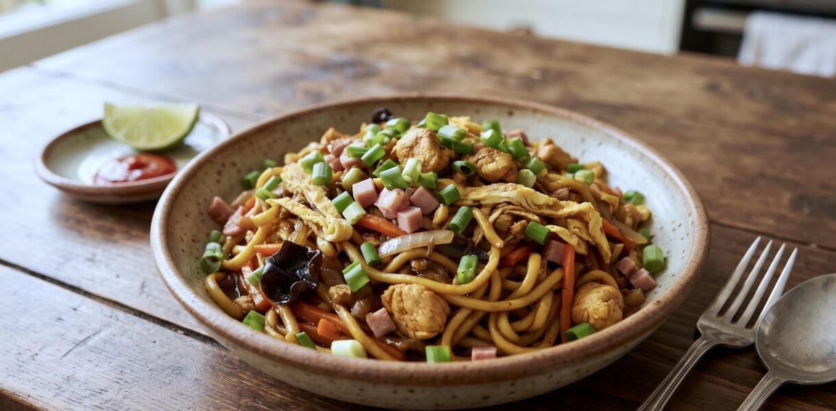 Bami Goreng to makaron wymieszany ze smażonymi kawałkami kurczaka, cebulą oraz warzywami, szynką i siekanym omletem.