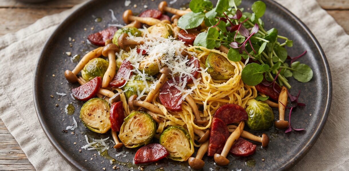 Gotowana brukselka smażona z plastrami chorizo i grzybami shimeji na koniec posypana parmezanem.