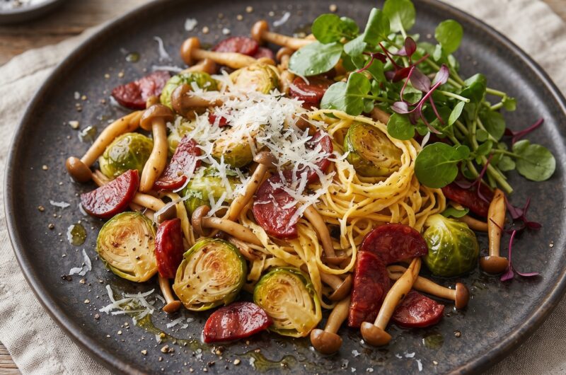 Gotowana brukselka smażona z plastrami chorizo i grzybami shimeji na koniec posypana parmezanem.