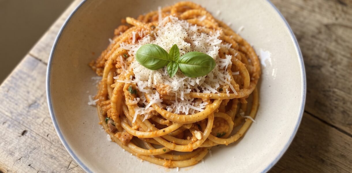 Makaron bucatini alla trapanese podany z pesto przyrządzonym z migdałów, pomidorków koktajlowych, sera pecorino i świeżej bazylii.