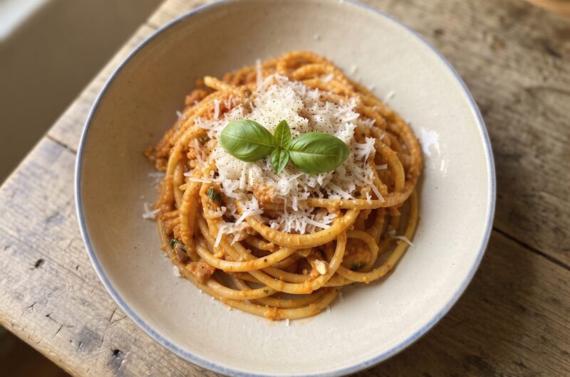Makaron bucatini alla trapanese podany z pesto przyrządzonym z migdałów, pomidorków koktajlowych, sera pecorino i świeżej bazylii.