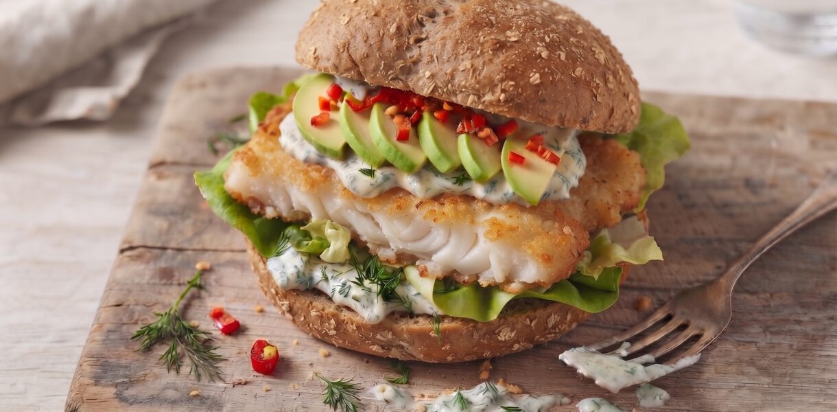 Burger z dorszem smażonym w panierce podany w bułce z dodatkiem awokado i chilli oraz z sosem koperkowym.
