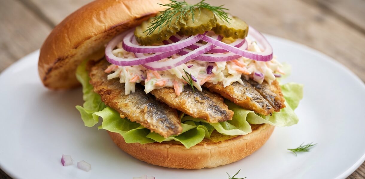 Pyszny burger ze śledziem smażonym podanym w bułce razem z dodatkiem sałatki Coleslaw, ogórkiem kiszonym i czerwoną cebulą.