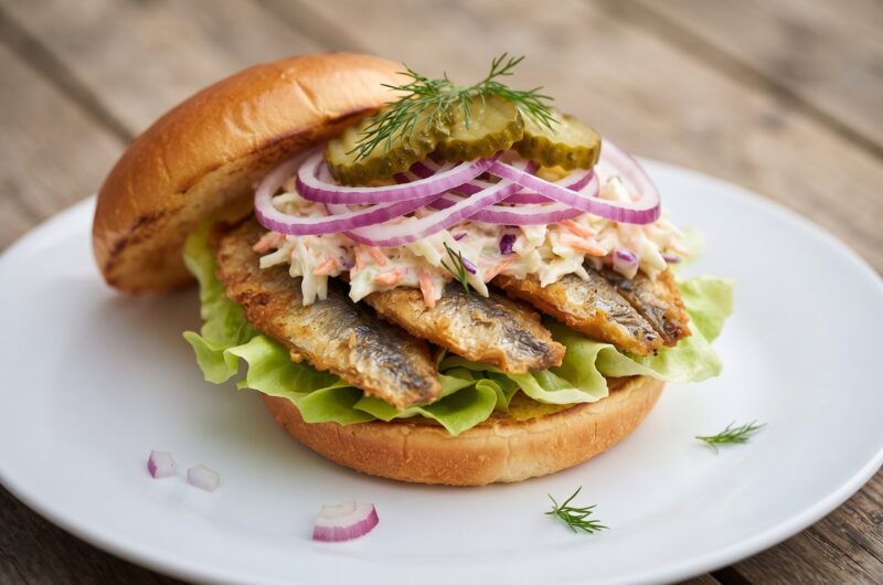Pyszny burger ze śledziem smażonym podanym w bułce razem z dodatkiem sałatki Coleslaw, ogórkiem kiszonym i czerwoną cebulą.
