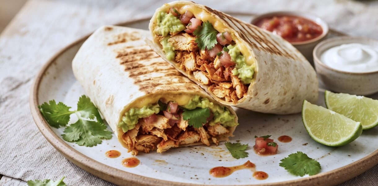 Burrito z kurczakiem to duża tortilla wypełniona smażonym kurczakiem z dodatkiem startego sera, awokado, kolendry i salsy pomidorowej, a następnie zawinięta i podgrzana na patelni.