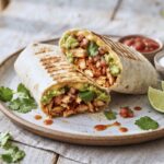 Burrito z kurczakiem to duża tortilla wypełniona smażonym kurczakiem z dodatkiem startego sera, awokado, kolendry i salsy pomidorowej, a następnie zawinięta i podgrzana na patelni.