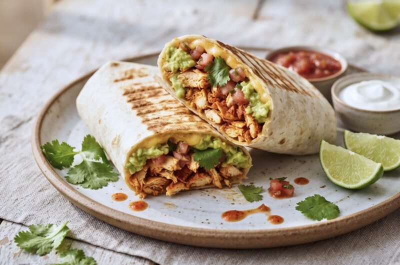Burrito z kurczakiem to duża tortilla wypełniona smażonym kurczakiem z dodatkiem startego sera, awokado, kolendry i salsy pomidorowej, a następnie zawinięta i podgrzana na patelni.