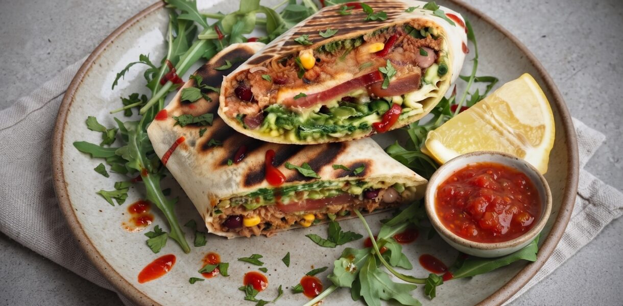 Burrito z tuńczykiem to duża tortilla wypełniona sałatką meksykańską z tuńczykiem oraz pomidorem, rukolą i awokado, zwinięta jak krokiet i podpiekana na grillu.