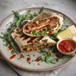 Burrito z tuńczykiem to duża tortilla wypełniona sałatką meksykańską z tuńczykiem oraz pomidorem, rukolą i awokado, zwinięta jak krokiet i podpiekana na grillu.