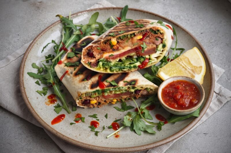 Burrito z tuńczykiem to duża tortilla wypełniona sałatką meksykańską z tuńczykiem oraz pomidorem, rukolą i awokado, zwinięta jak krokiet i podpiekana na grillu.