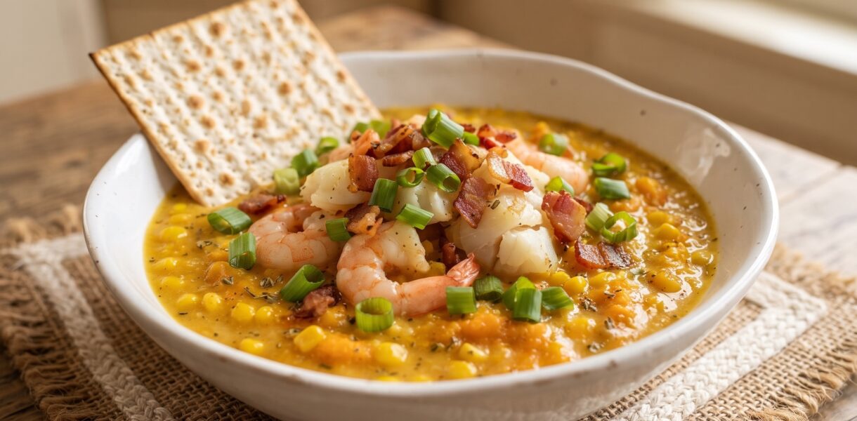 Zupa rybna chowder przygotowana została na bulionie z dodatkiem wędzonego boczku, świeżego dorsza, krewetek oraz batata i kukurydzy.