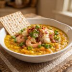 Zupa rybna chowder przygotowana została na bulionie z dodatkiem wędzonego boczku, świeżego dorsza, krewetek oraz batata i kukurydzy.
