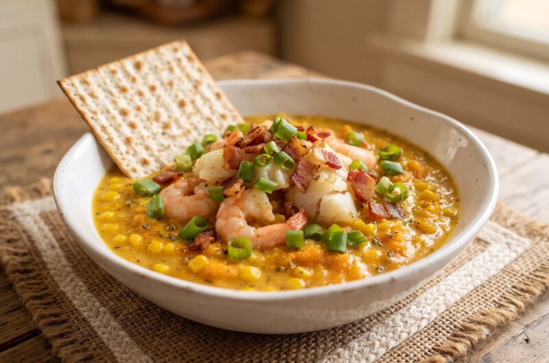 Zupa rybna chowder przygotowana została na bulionie z dodatkiem wędzonego boczku, świeżego dorsza, krewetek oraz batata i kukurydzy.