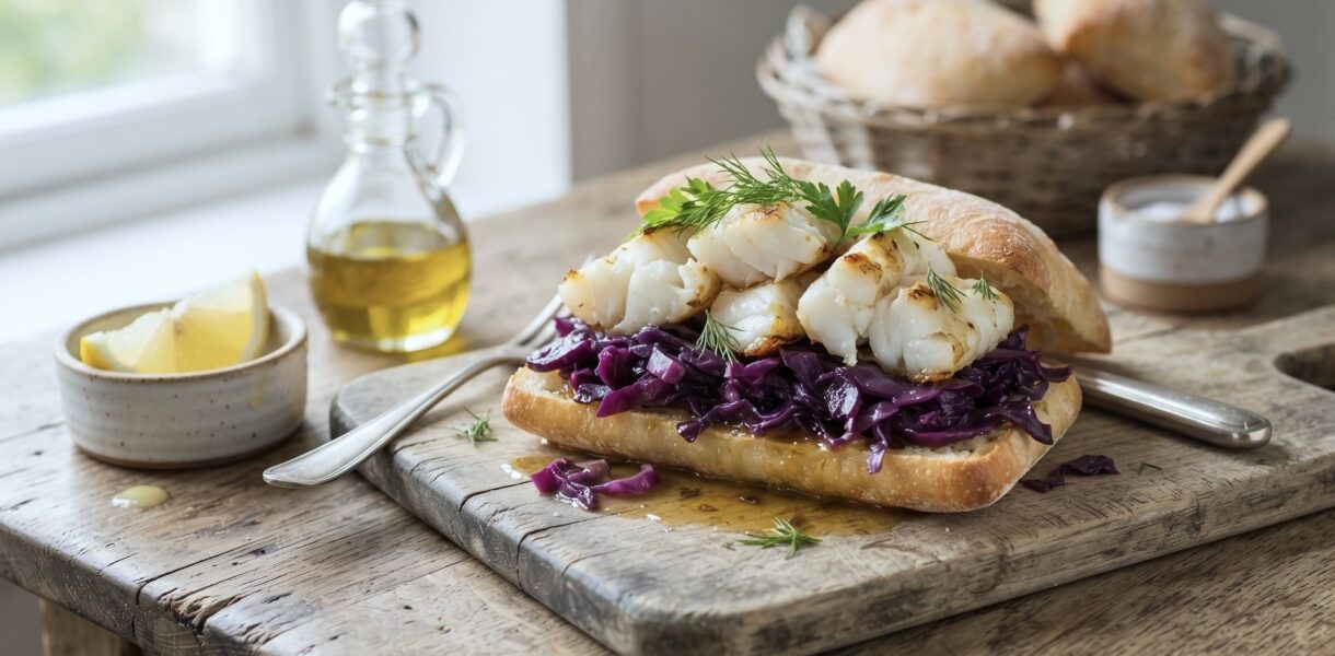 Puszysta ciabatta, czyli włoska bułka pszenna podana z dorszem pieczonym z kiszoną lub duszoną czerwoną kapustą.