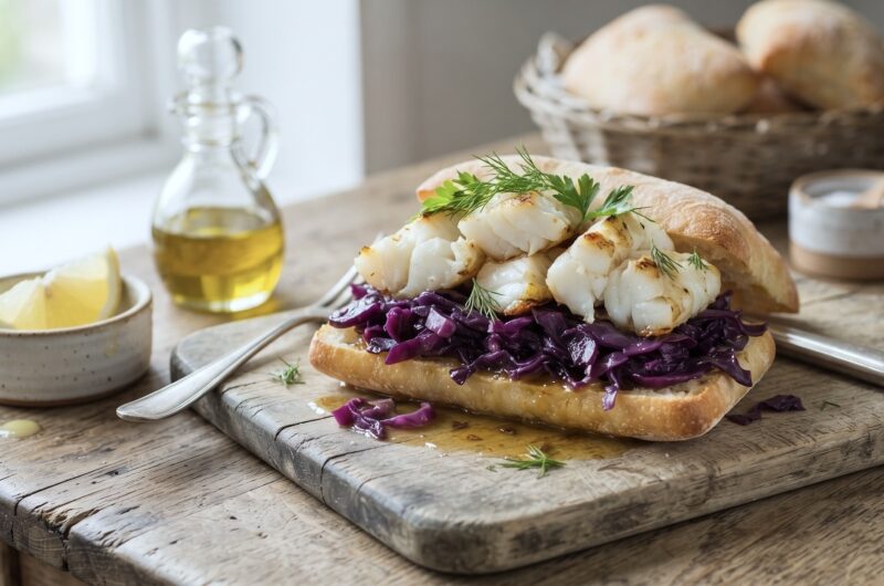 Puszysta ciabatta, czyli włoska bułka pszenna podana z dorszem pieczonym z kiszoną lub duszoną czerwoną kapustą.
