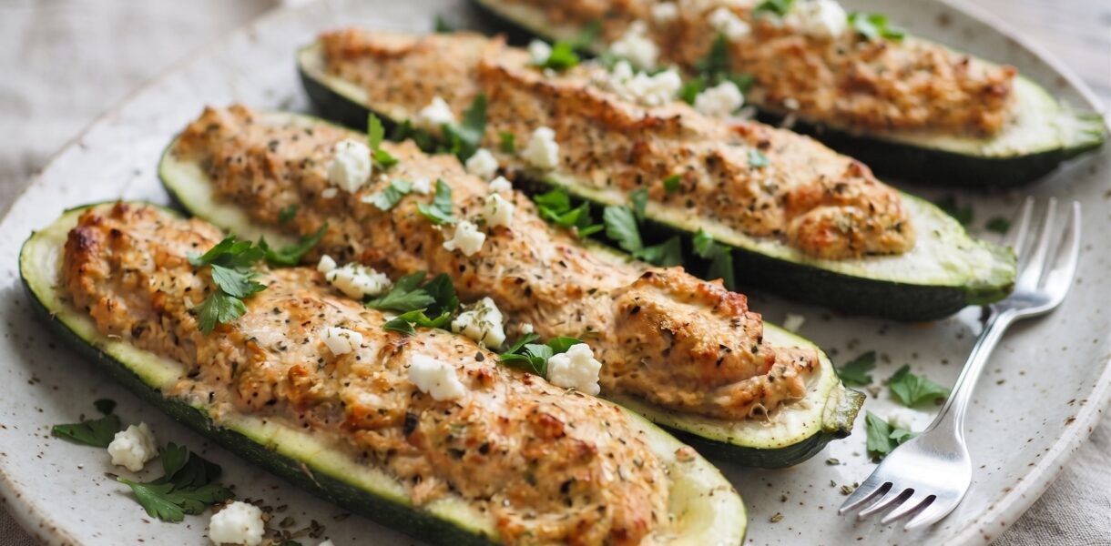 Cukinia wydrążona i faszerowana mielonym mięsem z udek kurczaka, serem feta i pomidorami, a następnie pieczona.