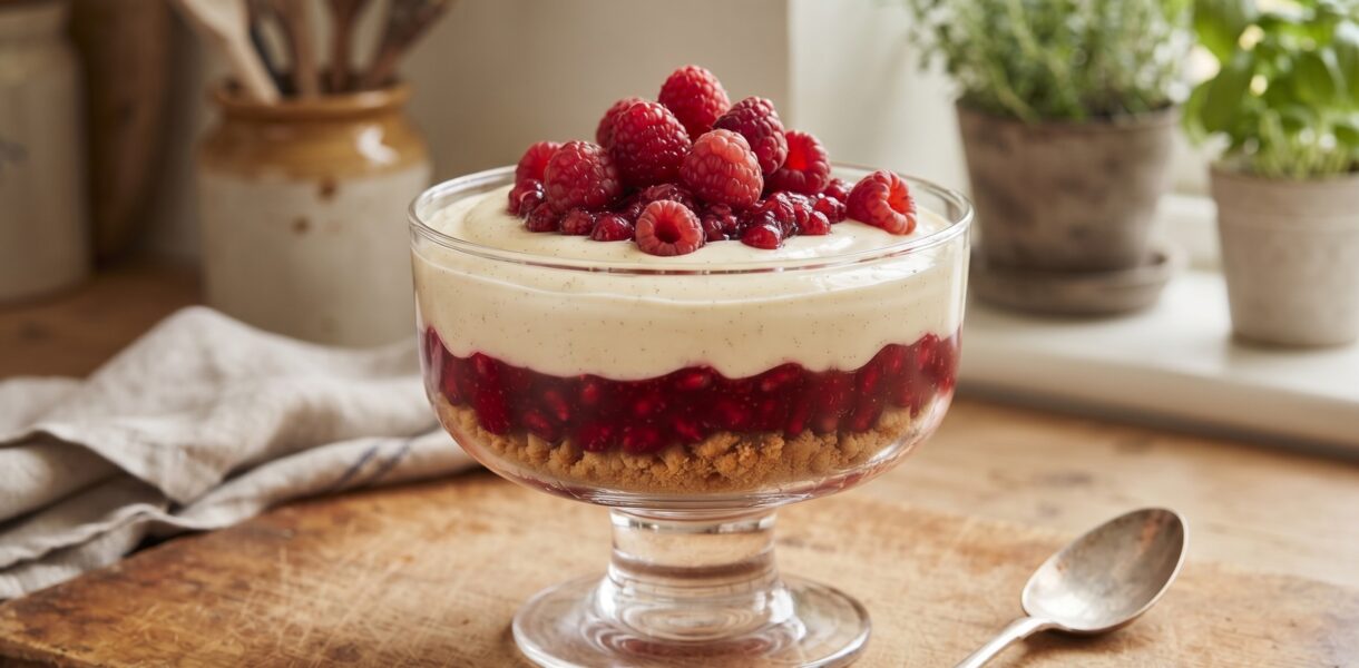 Deser malinowy przygotowany został z kremu przyrządzonego na bazie serka mascarpone, śmietanki i wanilii. Deser podajemy na kruchych ciasteczkach w pucharkach okraszony świeżymi malinami.