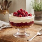 Deser malinowy przygotowany został z kremu przyrządzonego na bazie serka mascarpone, śmietanki i wanilii. Deser podajemy na kruchych ciasteczkach w pucharkach okraszony świeżymi malinami.