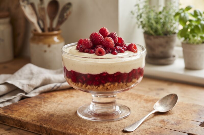 Deser malinowy przygotowany został z kremu przyrządzonego na bazie serka mascarpone, śmietanki i wanilii. Deser podajemy na kruchych ciasteczkach w pucharkach okraszony świeżymi malinami.