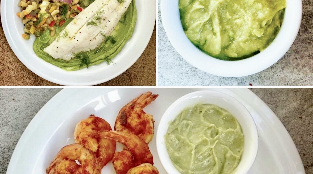 Puszysty dip przyrządzony z awokado zmiksowanego z sokiem z limonki i świeżą kolendrą.