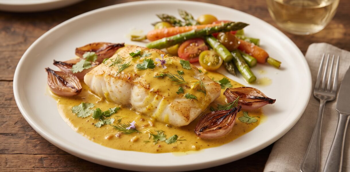 Dorsz krótko smażony, a następnie podany w aromatycznym sosie z dodatkiem kminu, kurkumy i przyprawy curry.