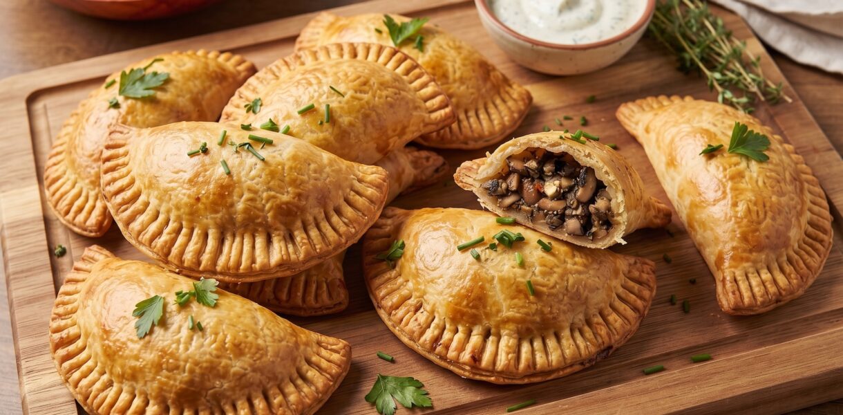 Empanadas to pieczone pierogi przyrządzane z mąki pszennej z dodatkiem mleka i oleju z farszem pieczarkowym z dodatkiem gotowanych jajek.