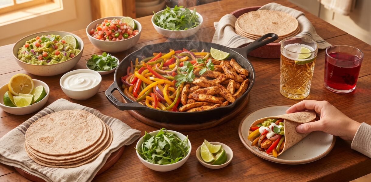 Fajitas drobiowa przygotowana została z piersi z kurczaka pokrojonej w paski i smażonej razem z krojonymi papryką i cebulą, a następnie podana z wrapami, dipami i salsą pico de gallo.