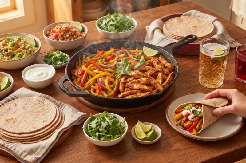 Fajitas drobiowa przygotowana została z piersi z kurczaka pokrojonej w paski i smażonej razem z krojonymi papryką i cebulą, a następnie podana z wrapami, dipami i salsą pico de gallo.
