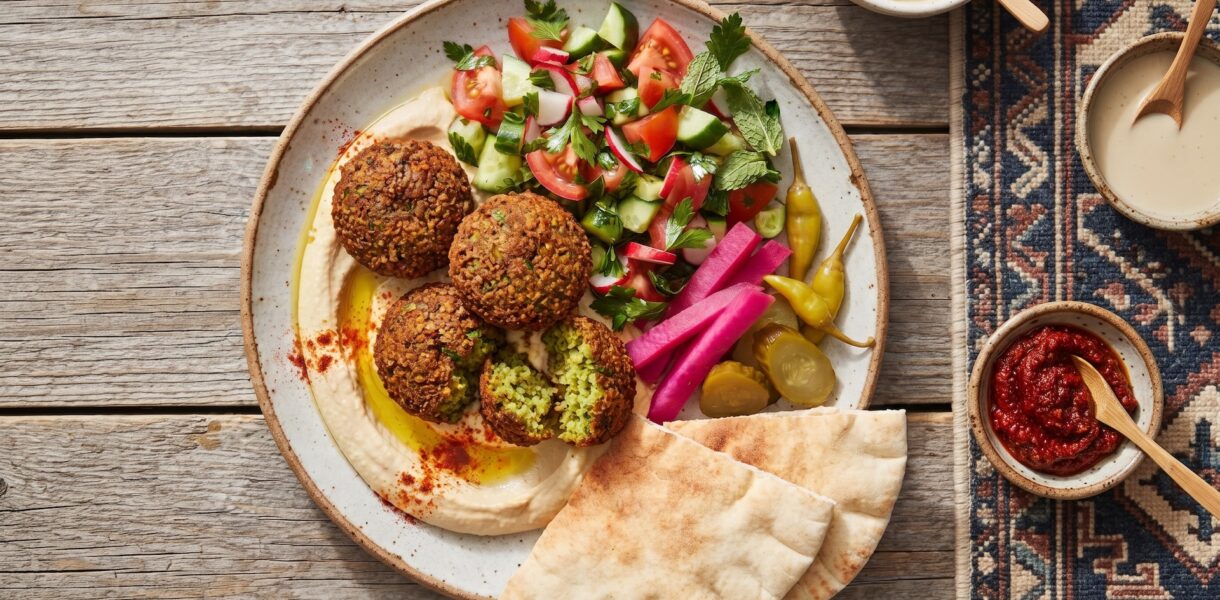 Falafele to kotleciki z mielonej ciecierzycy przyprawione kminem rzymskim i kolendrą z dodatkiem sporych pęczków świeżych ziół.