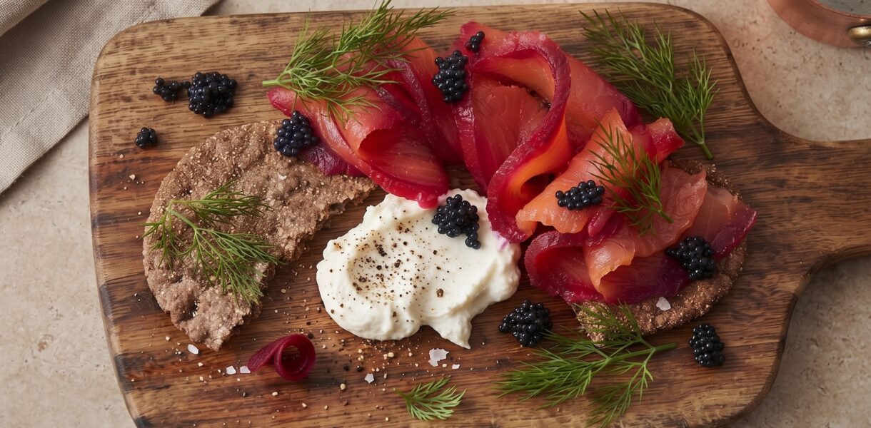 Gravlax z burakiem to płat świeżego łososia marynowany w soli z dodatkiem startego chrzanu, surowego startego buraka oraz świeżego koperku.