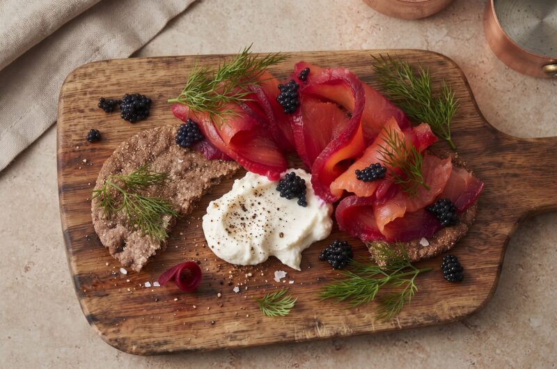 Gravlax z burakiem to płat świeżego łososia marynowany w soli z dodatkiem startego chrzanu, surowego startego buraka oraz świeżego koperku.