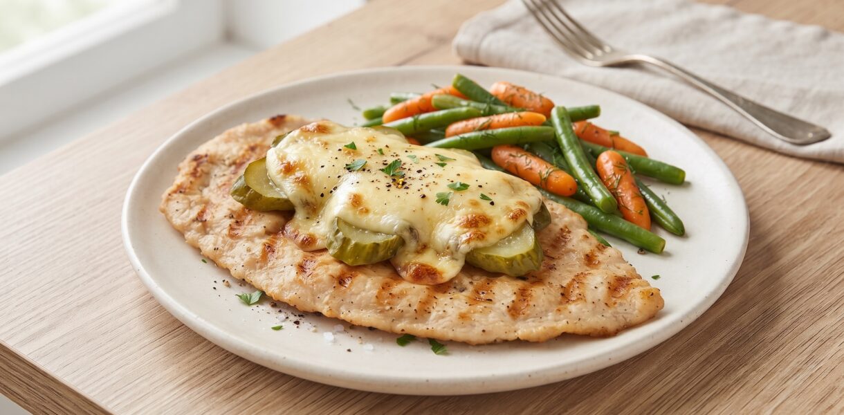 Rozbite na kotlety piersi z kurczaka krótko grillowane, a następnie zapiekane z ogórkiem kiszonym i serem raclette.