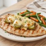 Rozbite na kotlety piersi z kurczaka krótko grillowane, a następnie zapiekane z ogórkiem kiszonym i serem raclette.