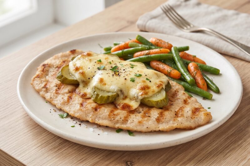 Rozbite na kotlety piersi z kurczaka krótko grillowane, a następnie zapiekane z ogórkiem kiszonym i serem raclette.