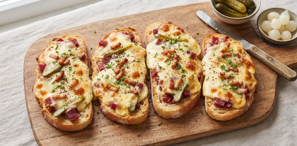 Grzanki ze stopionym serem raclette z dodatkiem suszonej wołowiny oraz korniszonów i cebulek marynowanych.