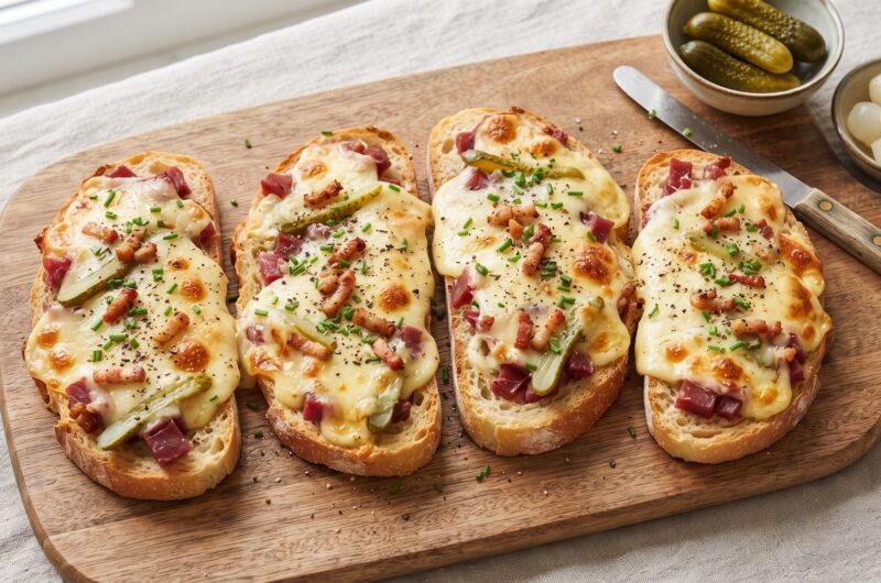 Grzanki ze stopionym serem raclette z dodatkiem suszonej wołowiny oraz korniszonów i cebulek marynowanych.