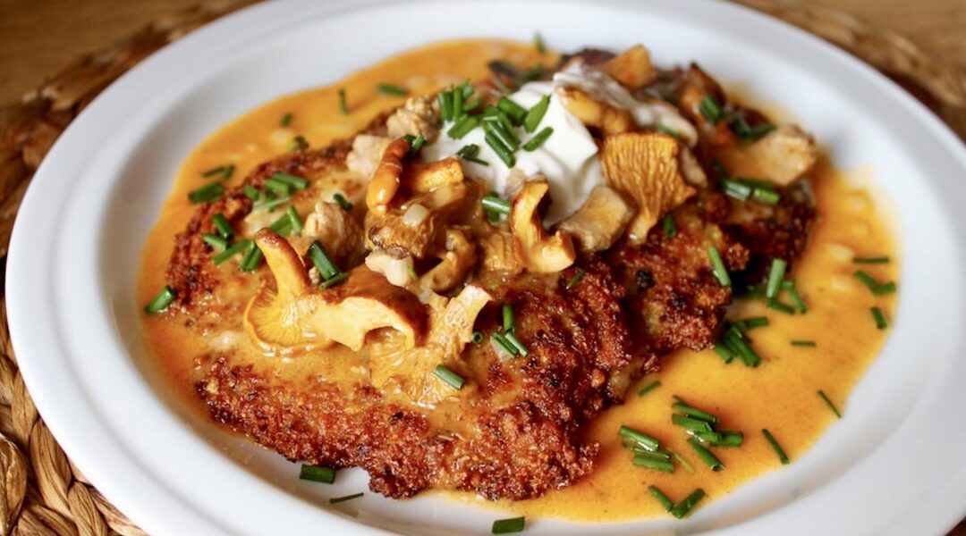 Gulasz cielęcy z łopatki cielęcej duszonej z kurkami grzybami leśnymi, podany w sosie paprykowym doprawionym kwaśną śmietaną.