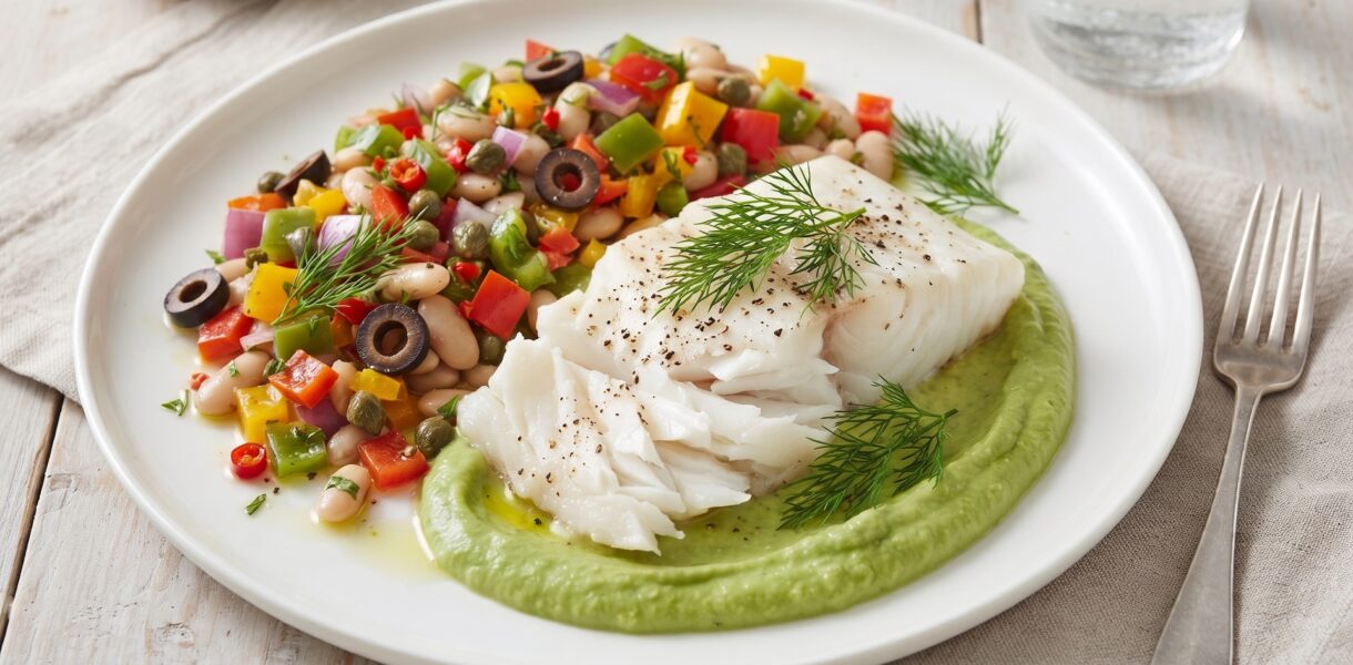 Halibut filet pieczony podany na dipie z awokado z dodatkiem krótko smażonych warzyw.